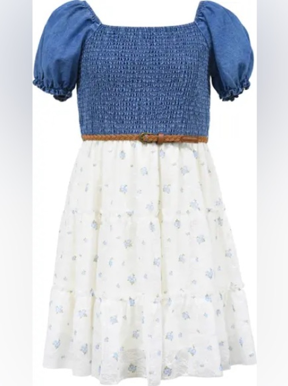 Zunie Girls Floral Lace Tiered Dress Denim Puff Sleeve Cottagecore XS 5/6